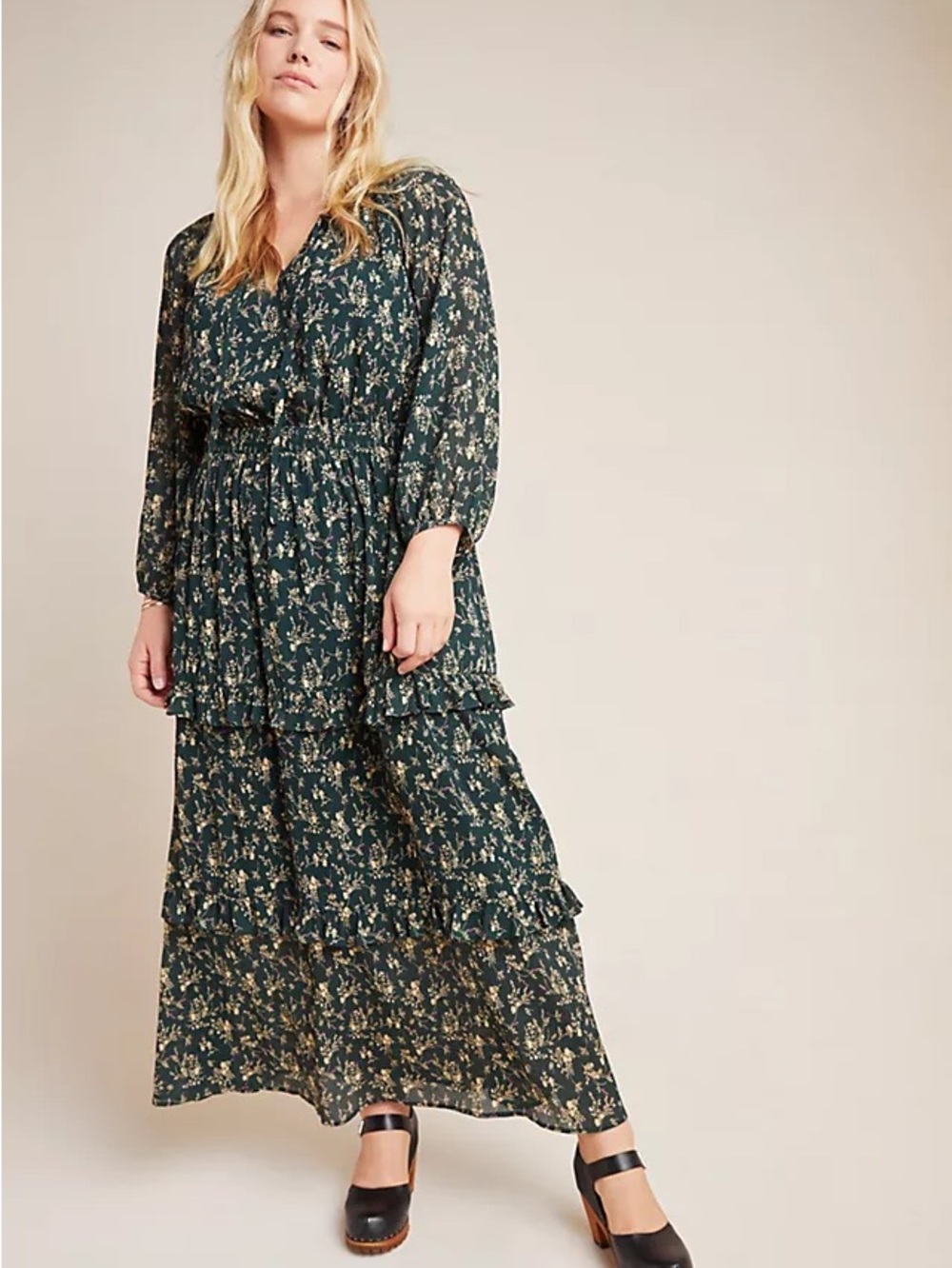 Skies Are Blue Green Floral Tiered Maxi Dress Gabrielle Plus Anthropologie 3X